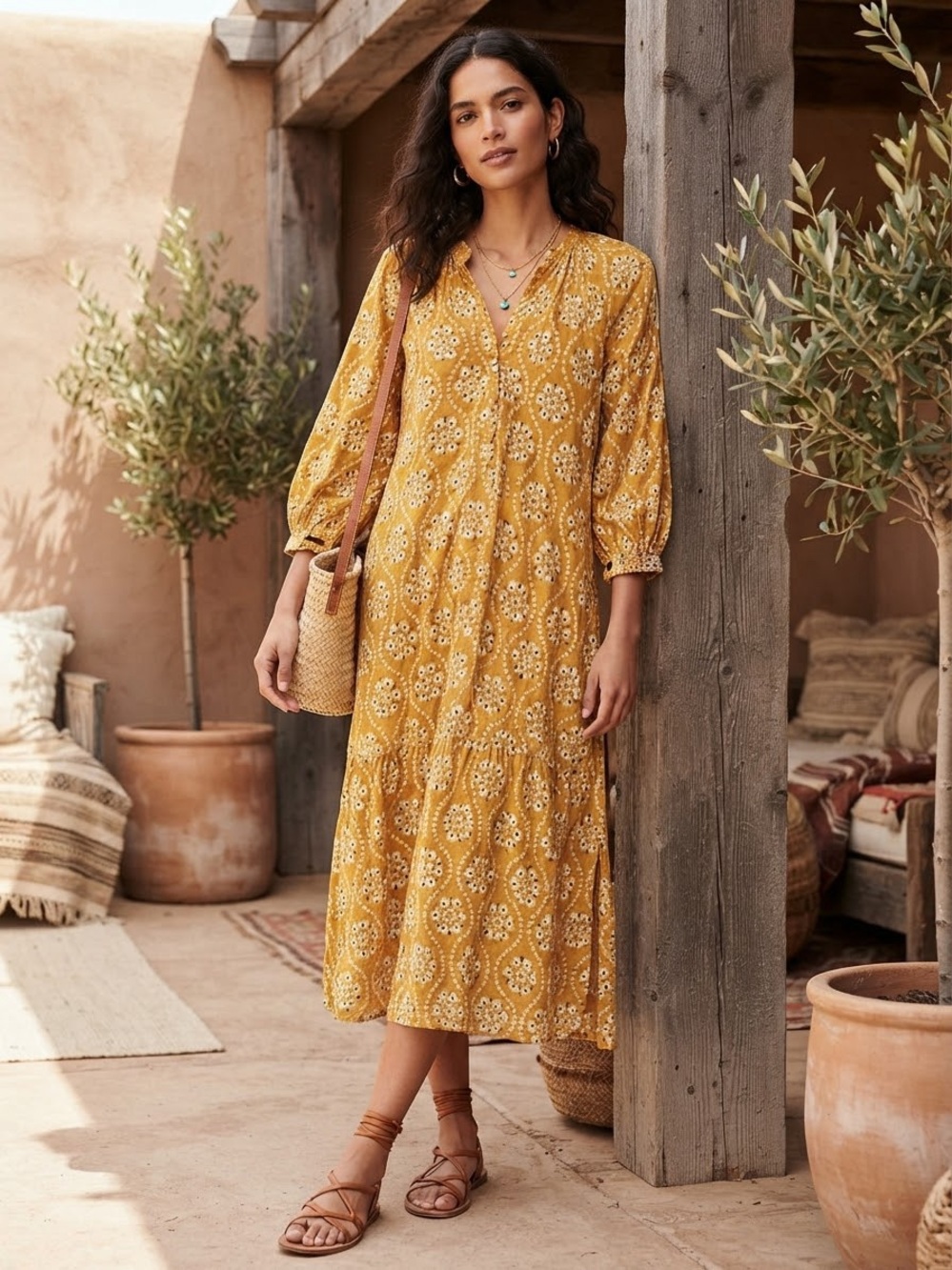 Zara Mustard Floral Kaftan Midi Dress Size Medium